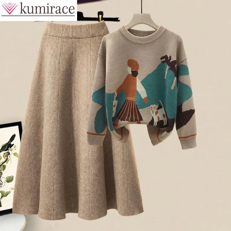 2023 Winter Cartoon Print Knit Sweater & Skirt Set for Women's Party Chic  ourlum.com   