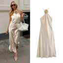 Floral Halter Satin Gown Elegant Off-Shoulder Dress for Events