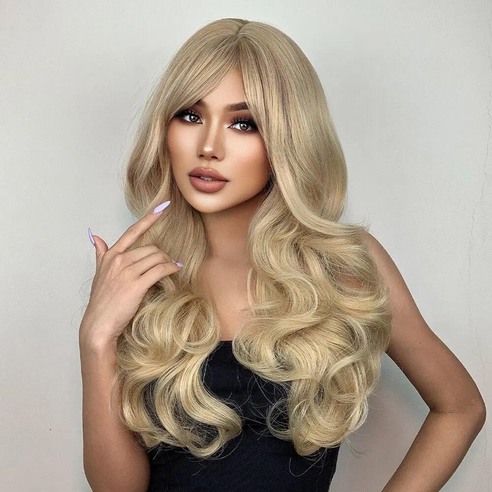 Blonde Long Wavy Synthetic Hair Wig with Bangs - Premium Quality Afro Female Cosplay Wig  ourlum.com   