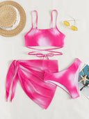 3 Pieces Ombre Lace Up Bikini Swimsuit with Beach Skirt