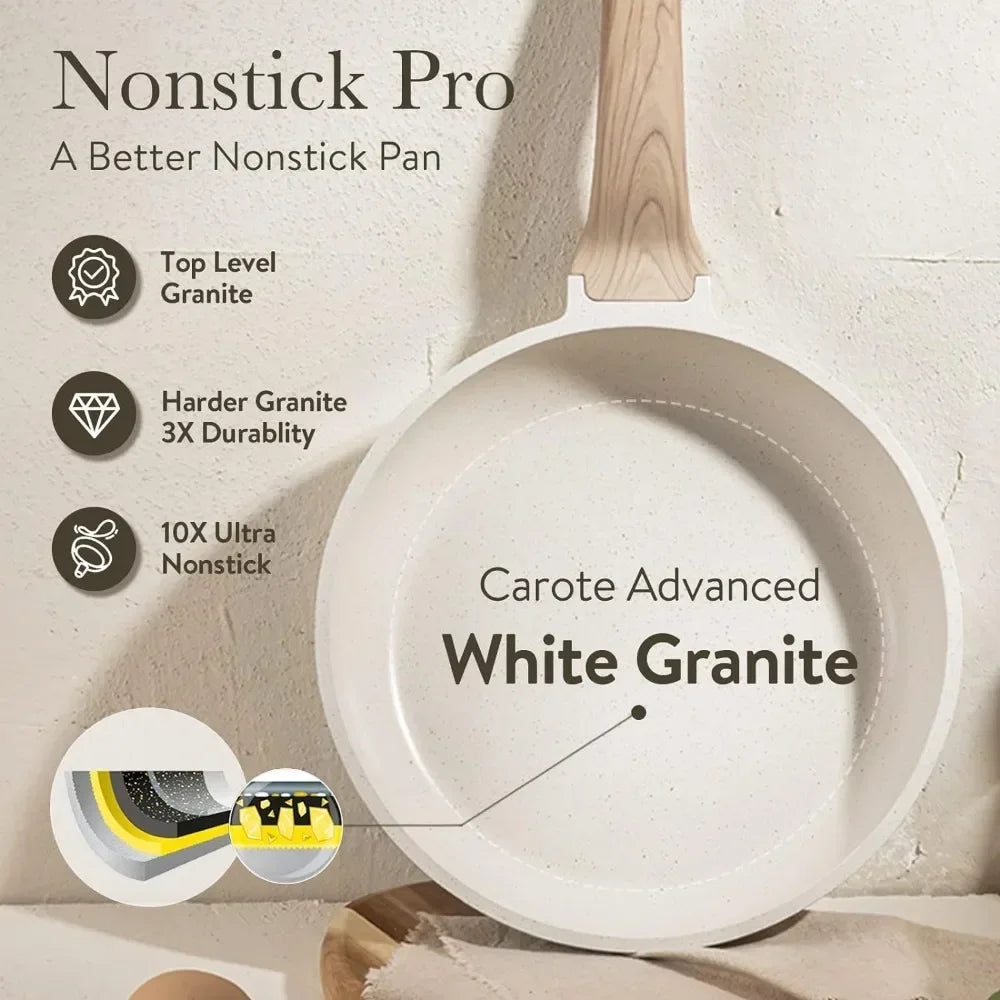 Nonstick White Granite Cookware Set - 3-7 Piece Induction Safe Pots and Pans with Frying Pans & Saucepan