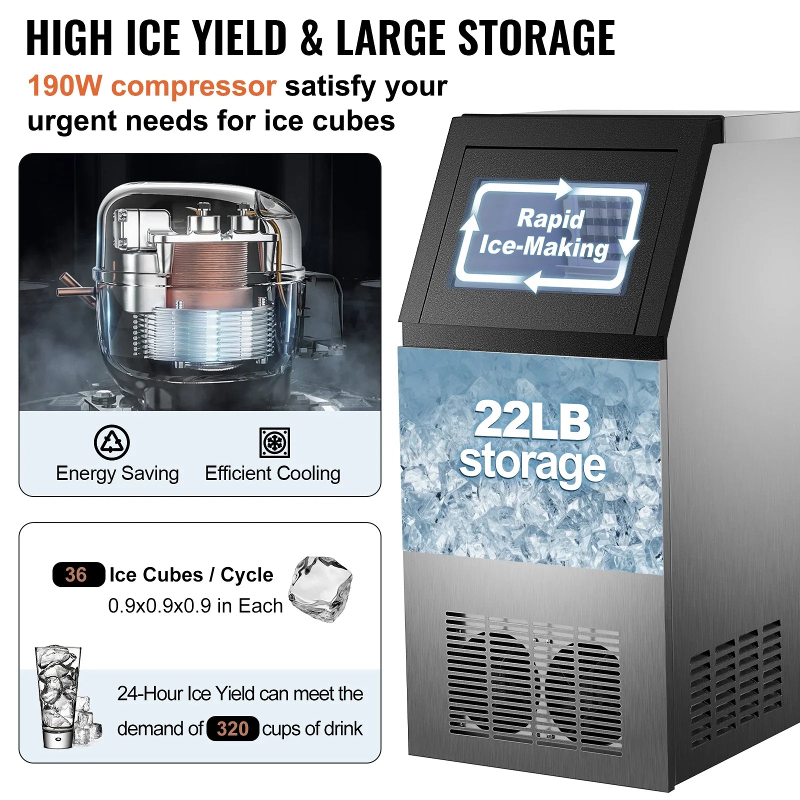 VEVOR 40KG 50KG 60KG 68KG/24H Commercial Ice Maker Ice Cube Machine High Ice Yield & Storage Home Appliance for Bar Cafeteria