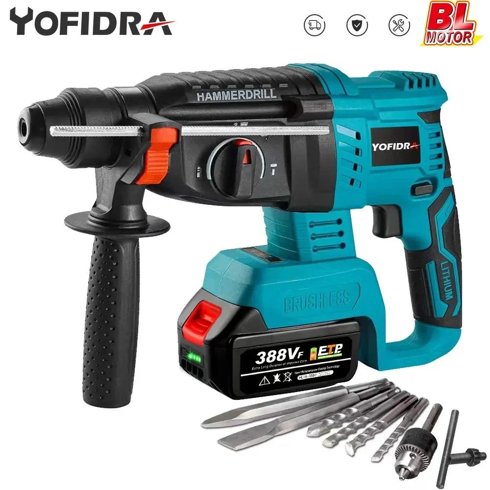 Yofidra 26MM Brushless Electric Hammer Drill Multifunctional Rotary Cordless Rechargeable Power Tools For Makita 18V Battery  ourlum.com   