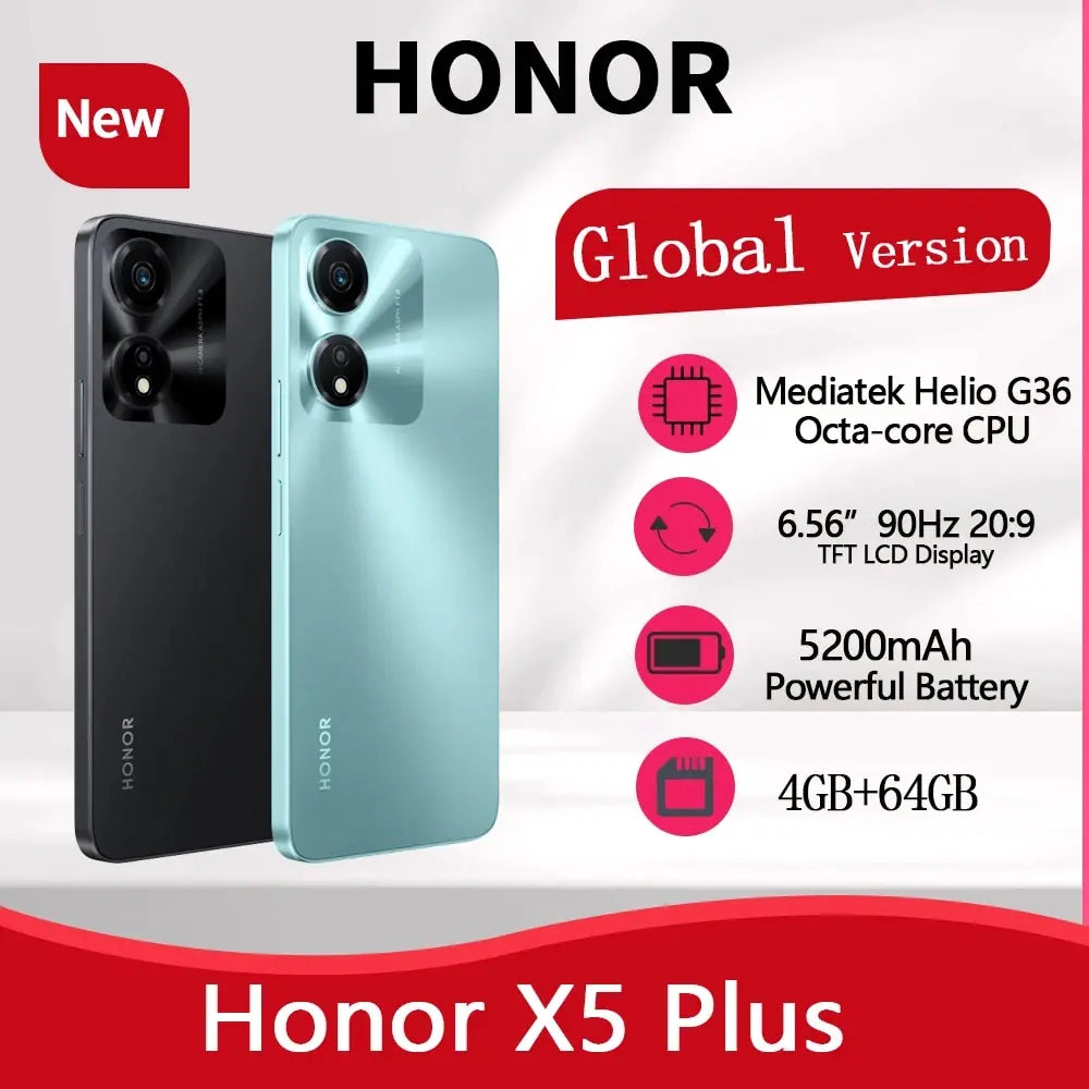 Honor Original Phone X5 Plus Global Version 6.56" 90Hz Eye-Comfort Display 5200mAh Battery 50MP Dual Camera 4GB RAM 64GB Android