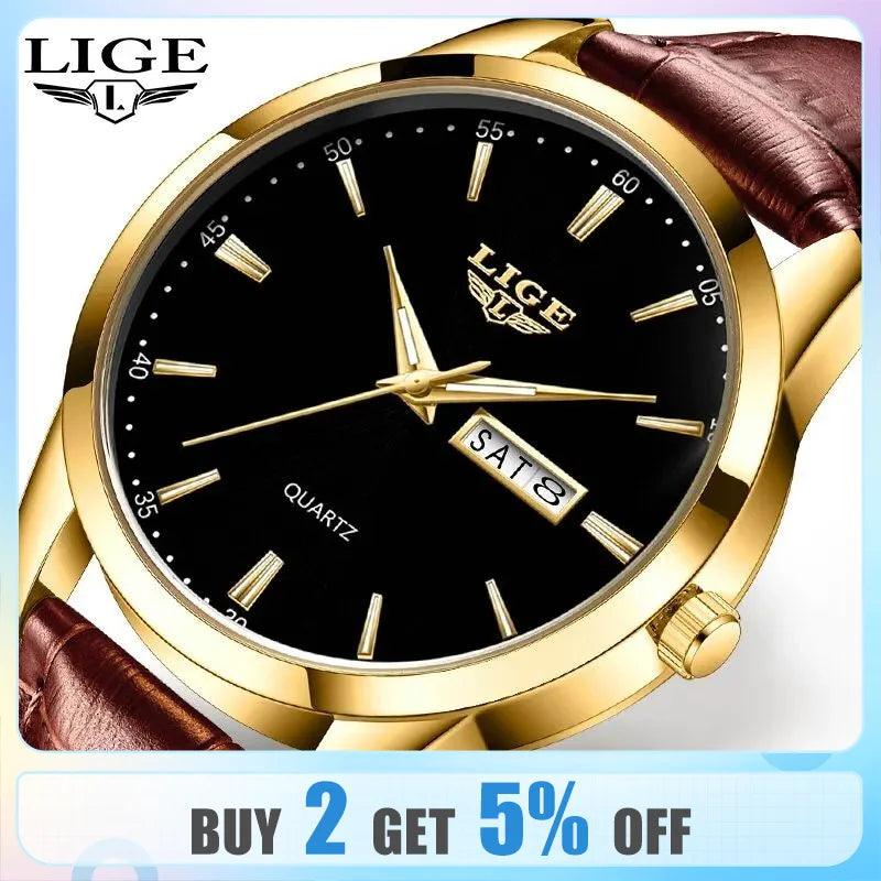 LIGE Luxury Men's Quartz Watch with Waterproof Leather Strap and Luminous Hands  ourlum.com   