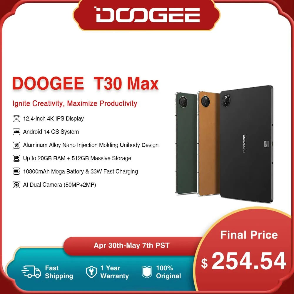 World Premiere DOOGEE T30 Max Tablet 12.4" 4K 20GB(8+12) 512GB Android 14 50MP Dual Camera 10800mAh Aluminum Alloy Nano Unibody  ourlum.com   