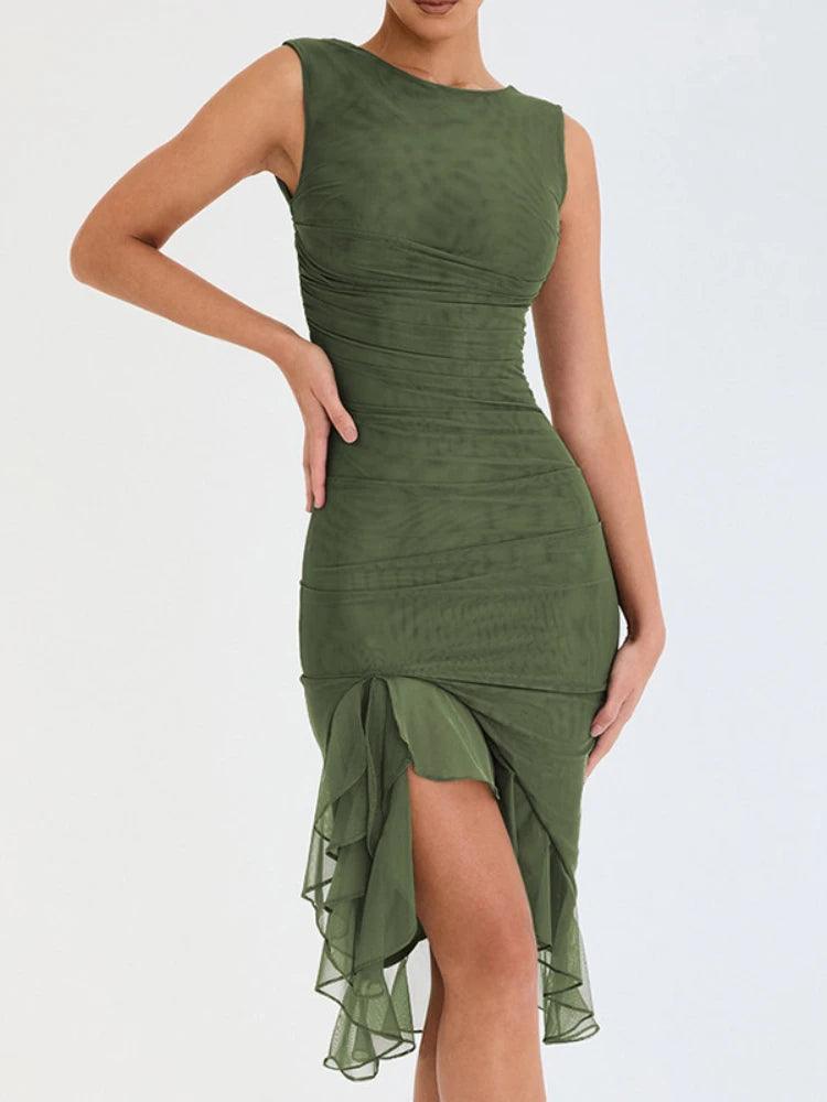 Elegant Ruffled Summer Dress with Backless Design for Women - Irregular Hemline Midi Dress  OurLum.com   