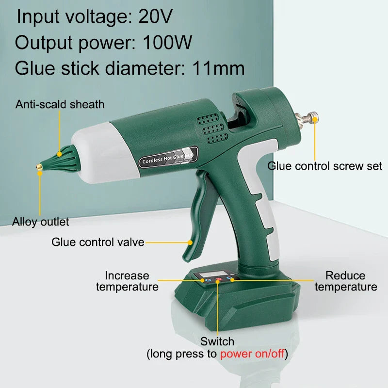 Cordless Hot Melt Glue Gun for Makita, Dewalt, Milwaukee, Bosch - Digital Display, 11mm Sticks