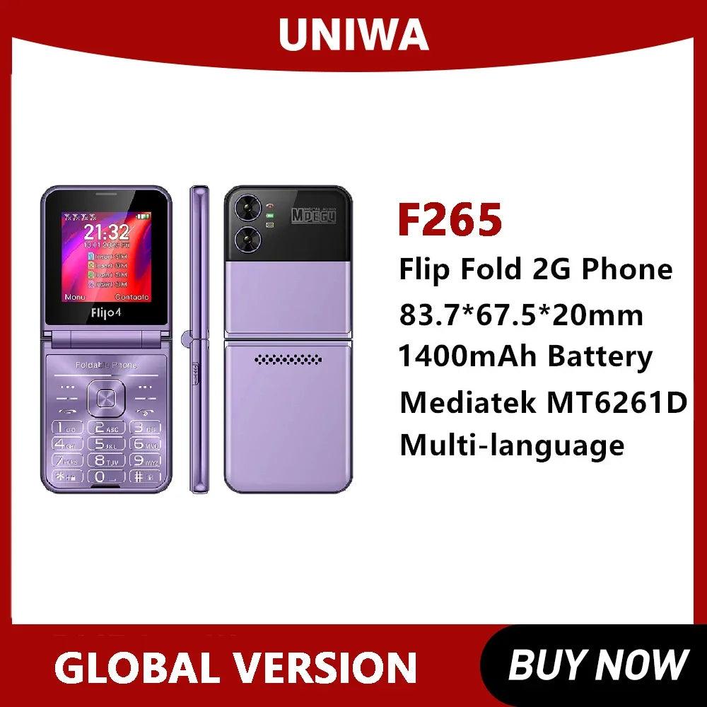 UNIWA F265 10CP Fold Flip Phone 2G Mobile Phone for Elderly Dual Screen Single Nano Big Push-Button  1400mAh Battery