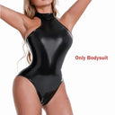 Seductive Glossy PU Leather Catsuit Set with Accessory Bundle  OurLum.com Black A XL 