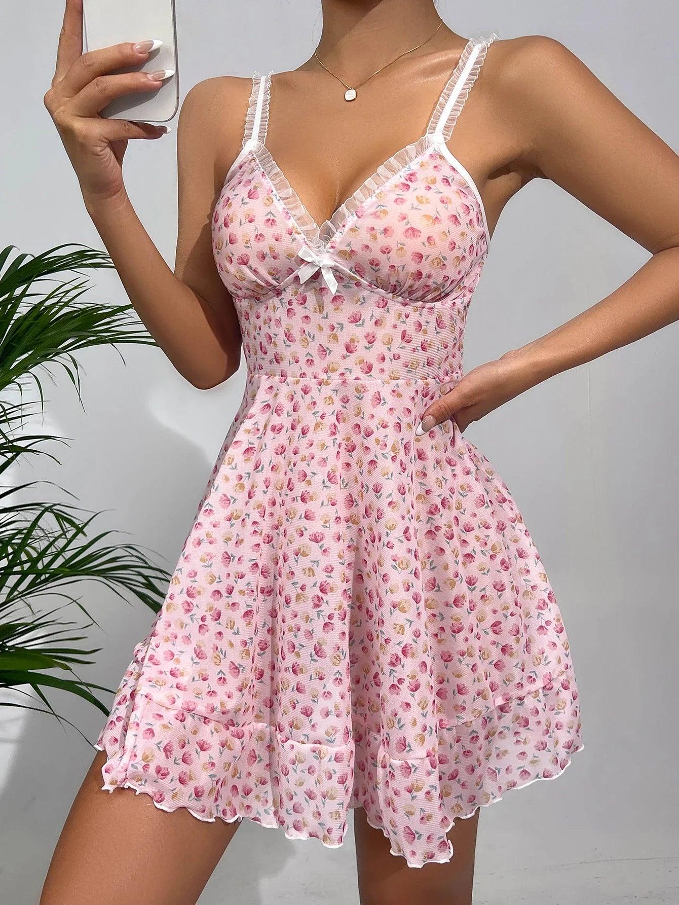 Pink Lace Pajama Dress: Luxurious Floral Nightwear with Adjustable Straps  ourlum.com   