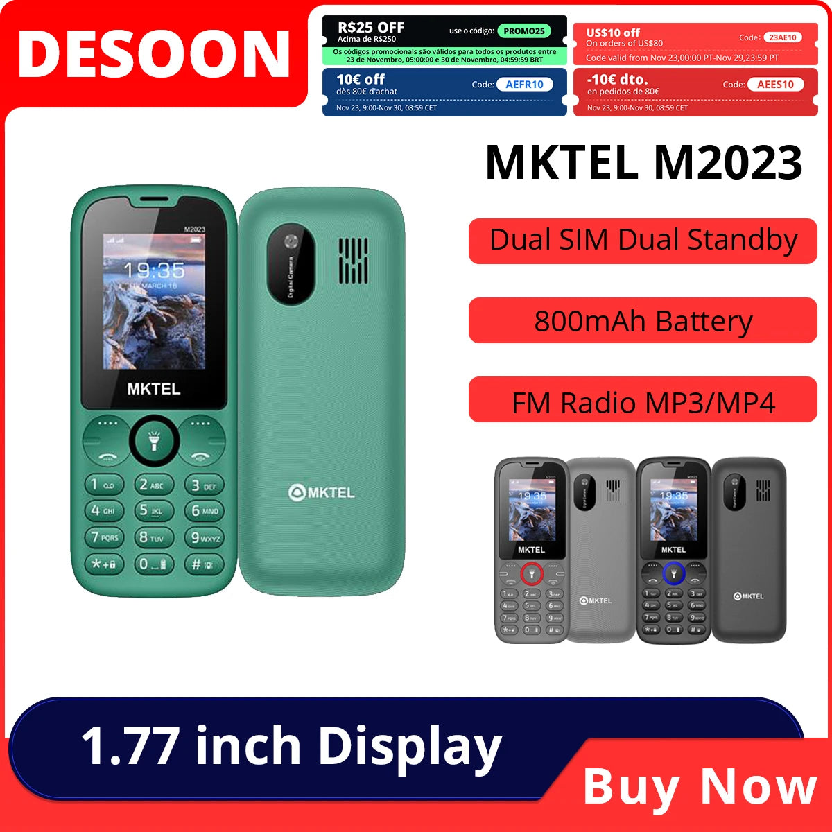 MKTEL M2023 Feature Phone with 1.77inch Display 800mAh Battery Dual SIM FM Radio Flashlight 0.08Mega Camera Senior Phone