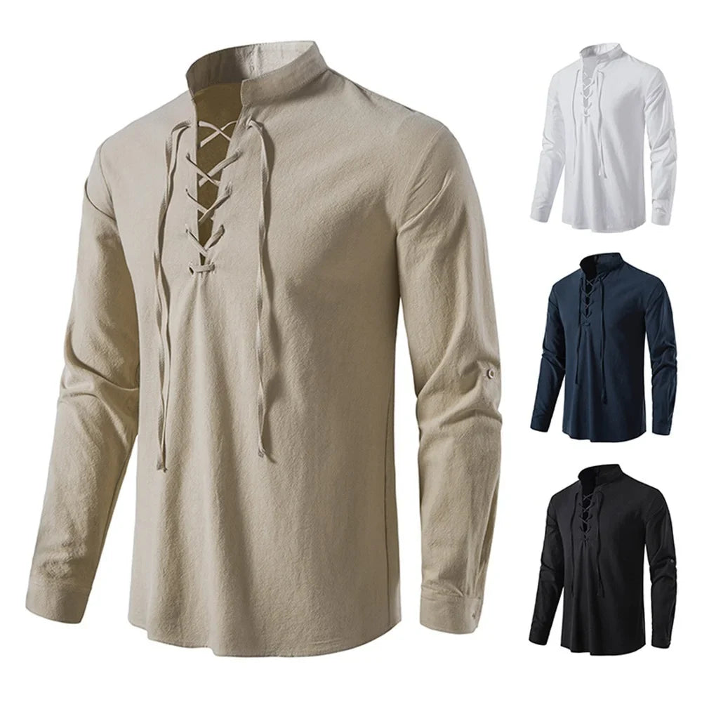 2023 Men's Vintage Cotton Linen Casual Shirt: Stylish Long Sleeve Tee  ourlum.com   