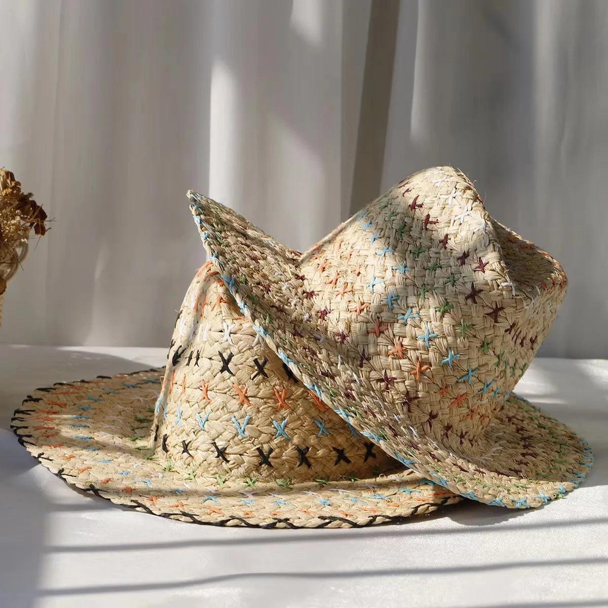 Raffia straw hat for women Bohemian colorful stitched straw hat ladies vacation sun hat beach summer vacation jazz hat panama