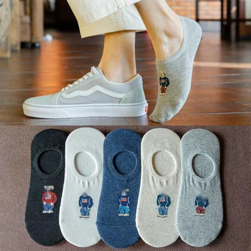 Cartoon Bear Design Men's Boat Socks Bundle - Trendy Non-Slip Ankle Slippers  Our Lum   