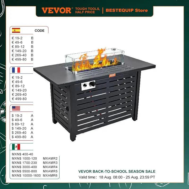 VEVOR Gas Fire Pit Table 43/54 In 50000 BTU Propane Outdoor Wicker Patio with Carbon Steel Tabletop Lava Rock Glass Wind Cover