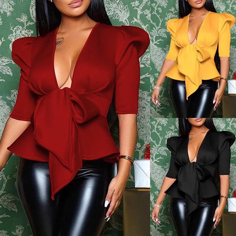 Peplum Elegance: Chic Women's Deep V-Neck Blouse for Night Out  OurLum.com   