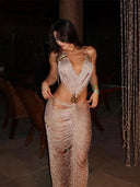 Bright Silk Glitter Evening Gown Sequin Halter Dress Elegant