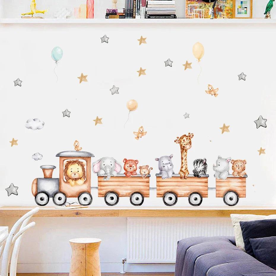 Whimsical Nordic Animals Wall Decals: Kids Room Decoration Giraffe Elephant Train Birds Star  ourlum.com   