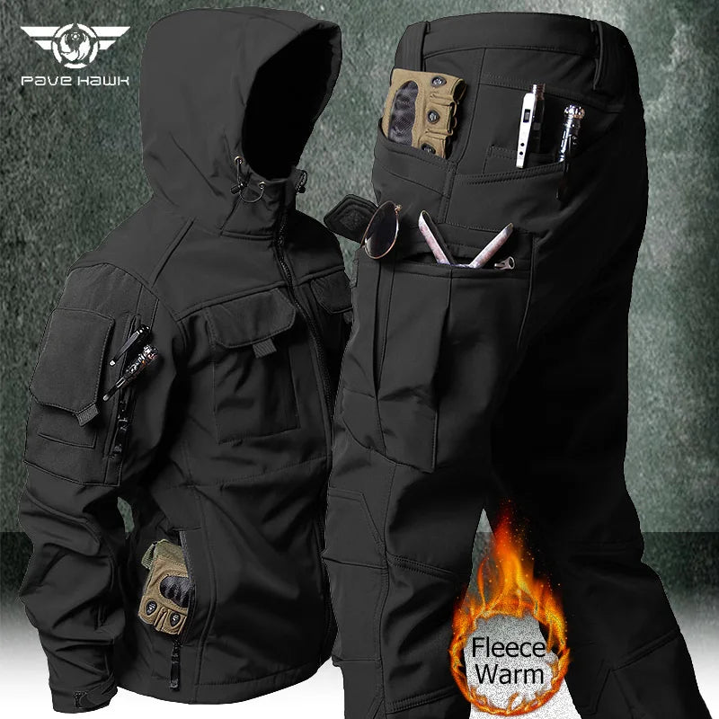 Outdoor Tactical Set Men Military Multi-pocket Hooded Work Jacket+Windproof  Waterproof Fleece Cargo Pants Winter Sharkskin Suit