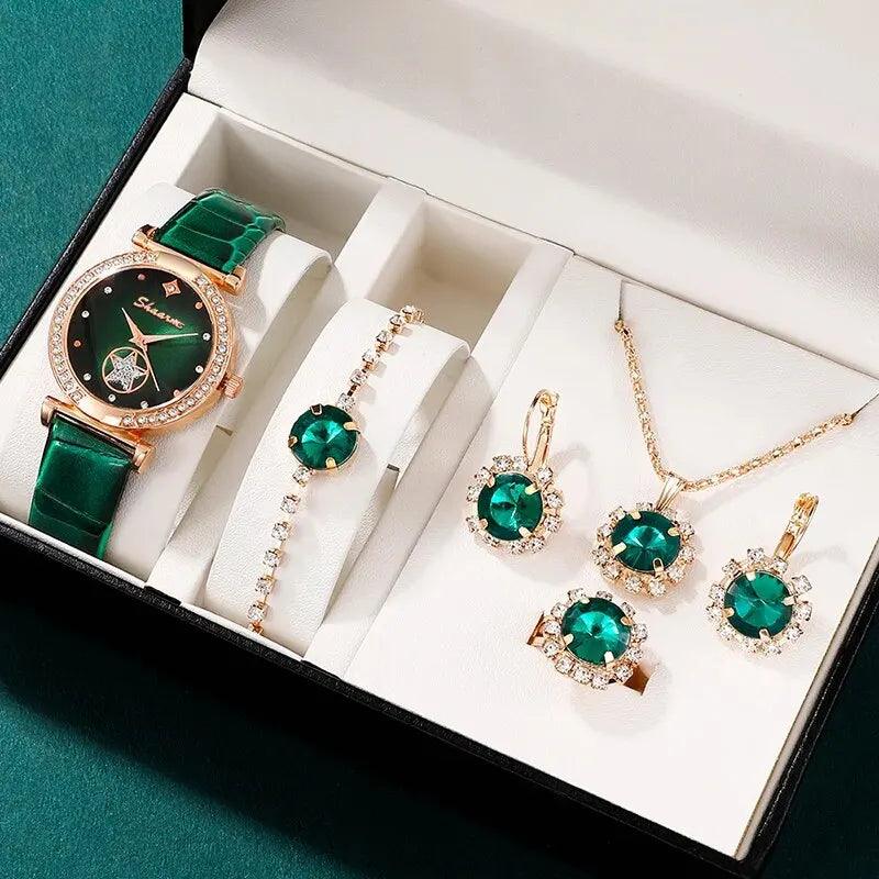 Luxury Green Quartz Watch Set: Exquisite Women's Jewelry with Rhinestones  ourlum.com Green  