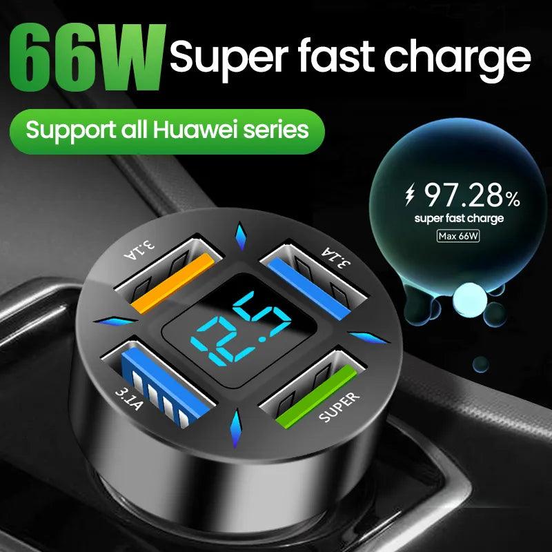 66W Fast Charging Car Charger with 4 USB Ports for iPhone 13 12 Xiaomi Samsung - PD Quick Charge 3.0 Adapter  ourlum.com   
