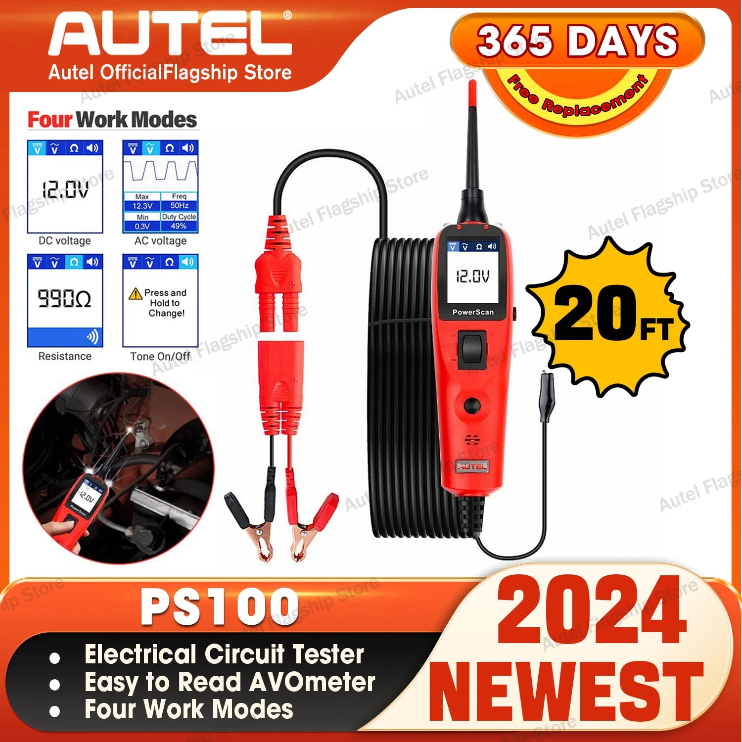 Autel PowerScan PS100 Auto Electrical Circuit AVOmeter Tester Automotive System Diagnostic Tool Circuit Probe Kit 12V/24V