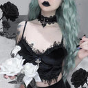 Gothic Cross Print Lace Trim Crop Top Edgy Corset Tank