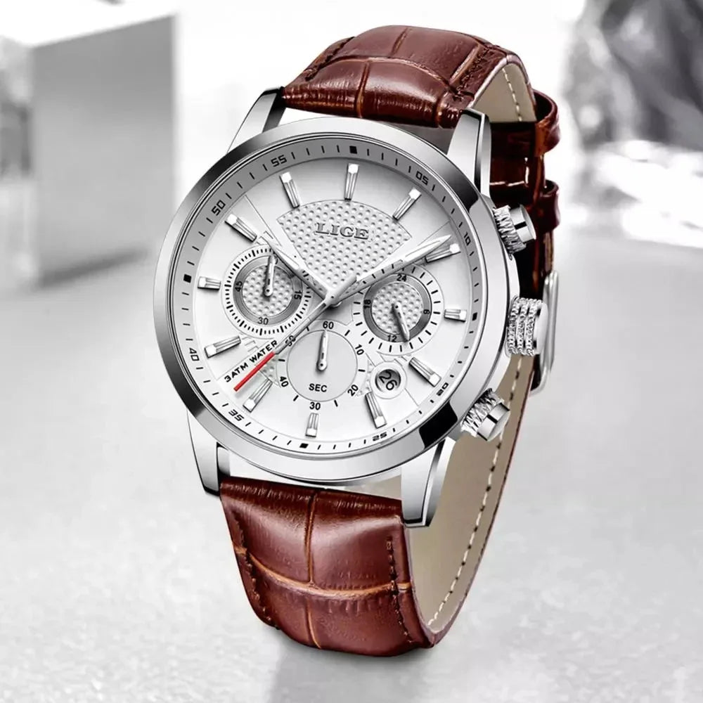 Luxury Chronograph Men's Watch with Leather Strap - Exquisite Business Timepiece for Men  OurLum.com   