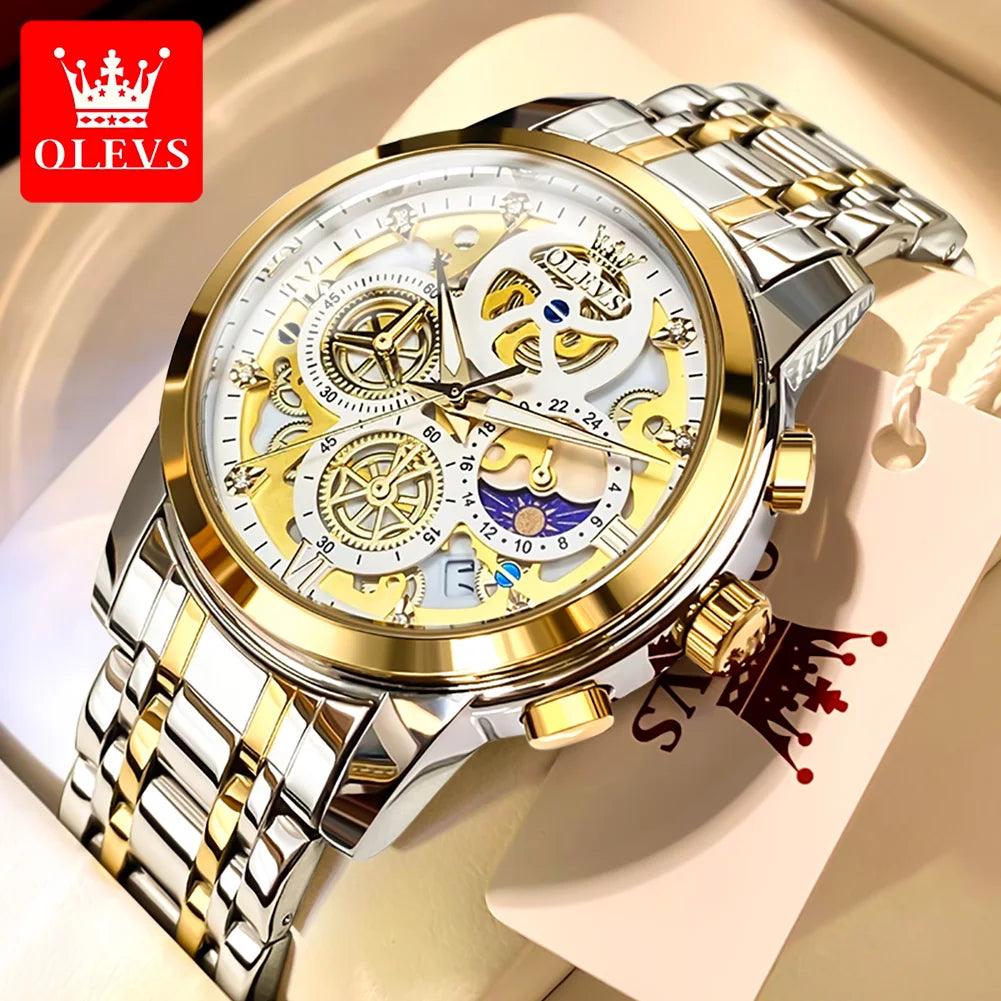 Luxury Gold Skeleton Style Men's Quartz Watch by OLEVS - Waterproof with 24 Hour Day-Night Indicator  ourlum.com   