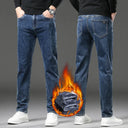 Winter Fleece Thick Warm Men's Slim Straight Denim Pants