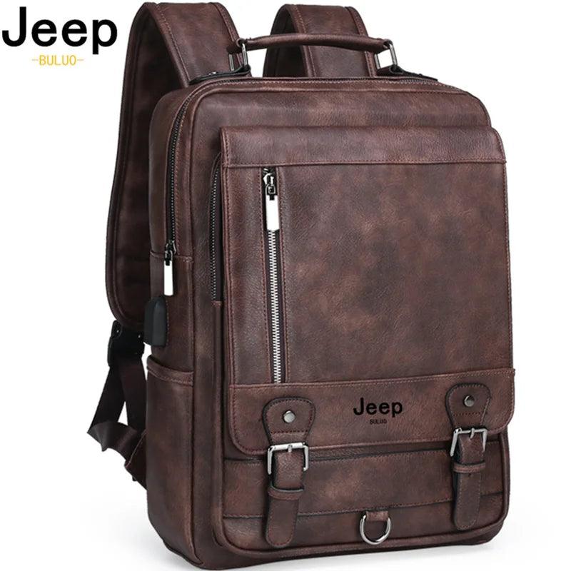 JEEP BULUO Fashion Leather Men Backpack Business Male 15.6" Laptop Bag Daypacks Large Capacity Travel College School Bag