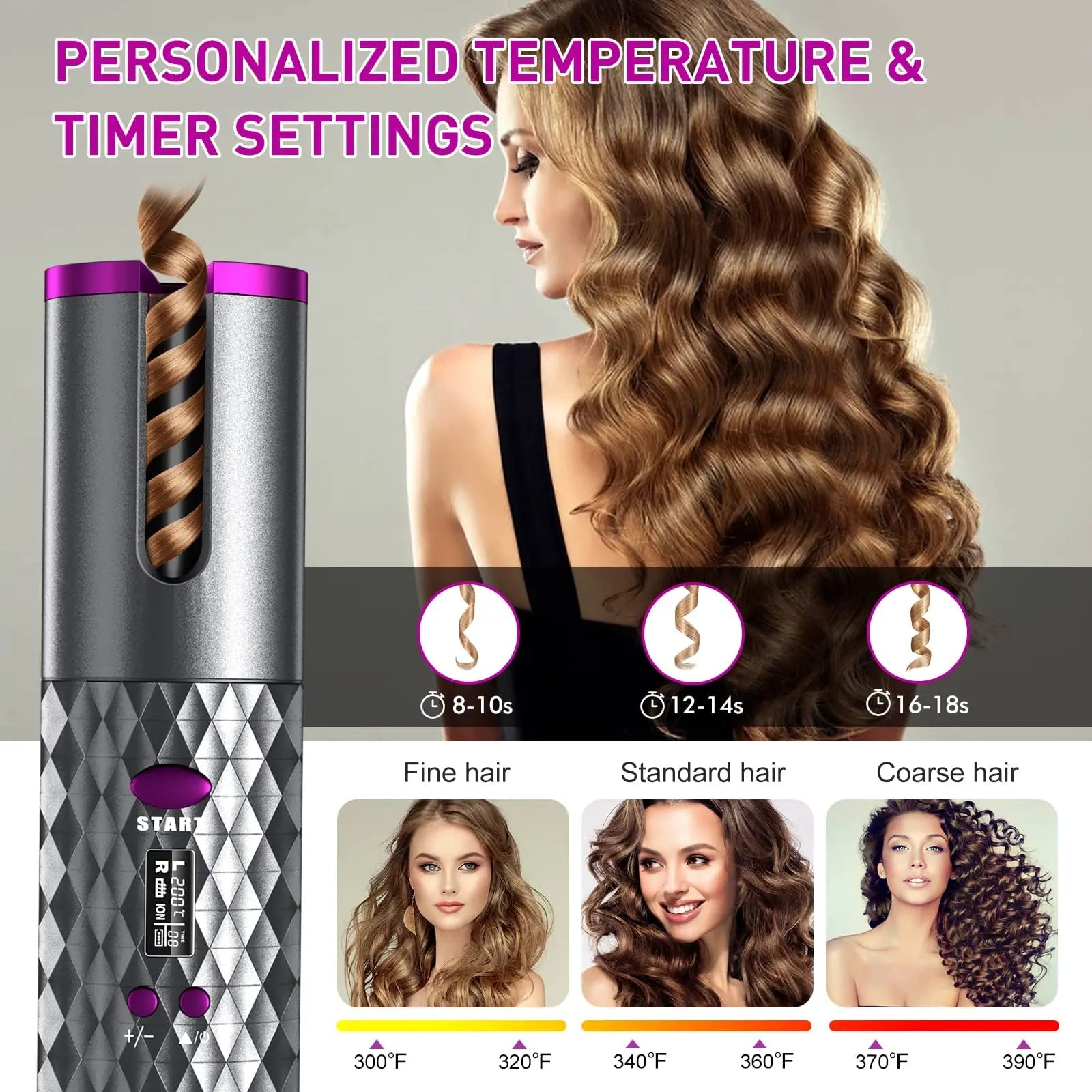 Cordless Curling Iron, USB Rechargeable, Ceramic Automatic Rotating Hair Curler with 6 Temps, Portable Hair Dryer Styler,Timers