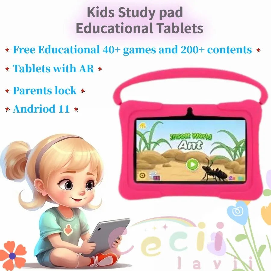 Kids Tablet Study Pad,7Inch Education Preschool Study,USB Charge,Parent Lock,32G,FREE Kid Contents,Eye Protect HDScreen, 2Camera