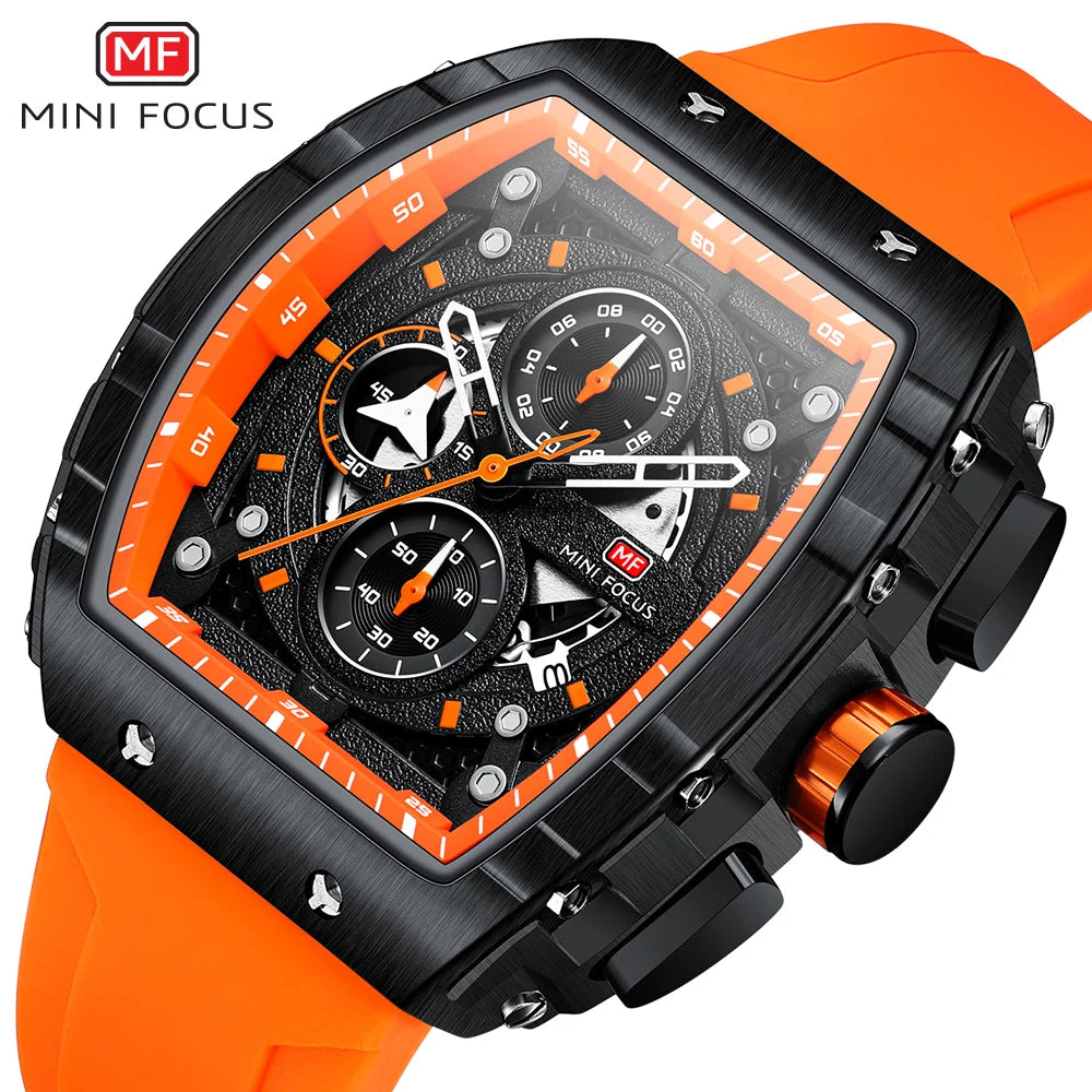 MINIFOCUS Men's Military Sport Chronograph Quartz Watch with Orange Silicone Strap and Tonneau Dial Auto Date Feature