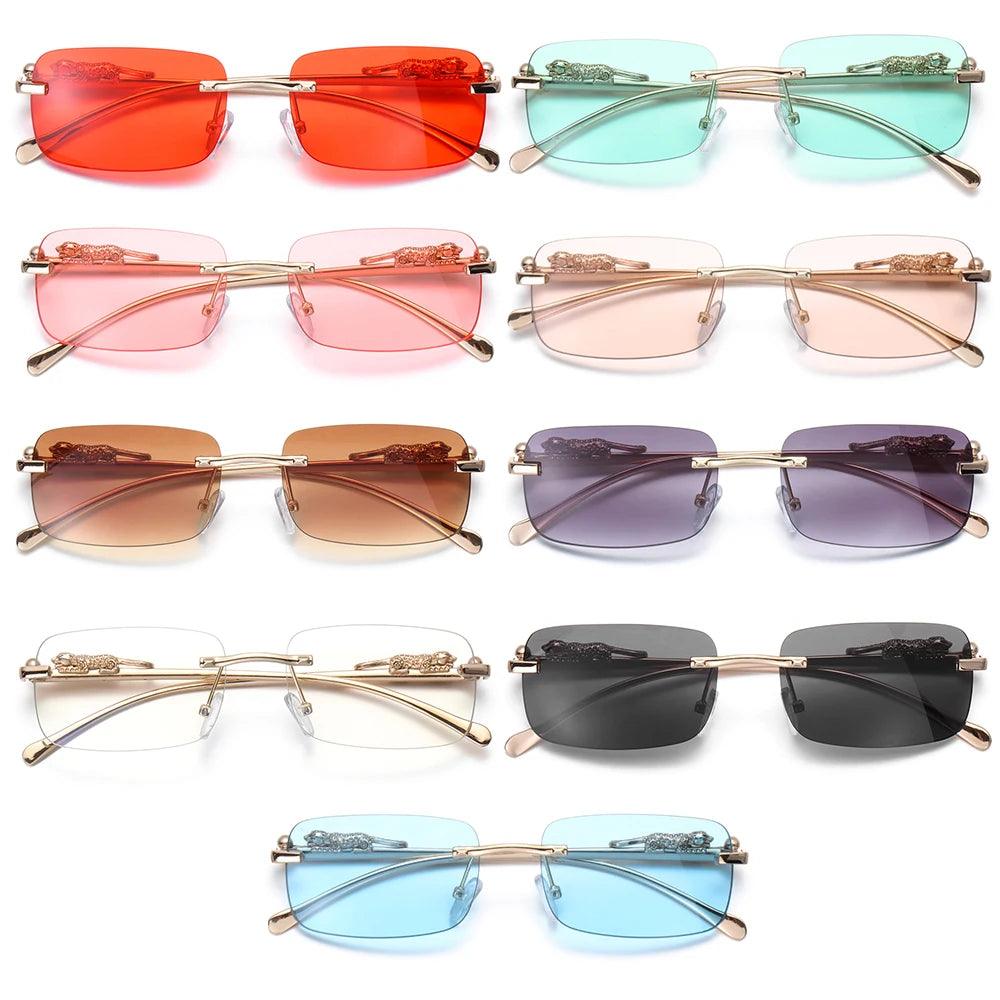 Trendy Rimless Square Sunglasses for Men and Women - Golden Leopard Frame with UV400 Protection