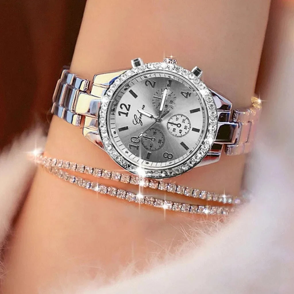 Sophisticated Crystal Diamond Women's Quartz Watch - Elegant Gold & Silver Timepiece  OurLum.com 3pcs watch 1  