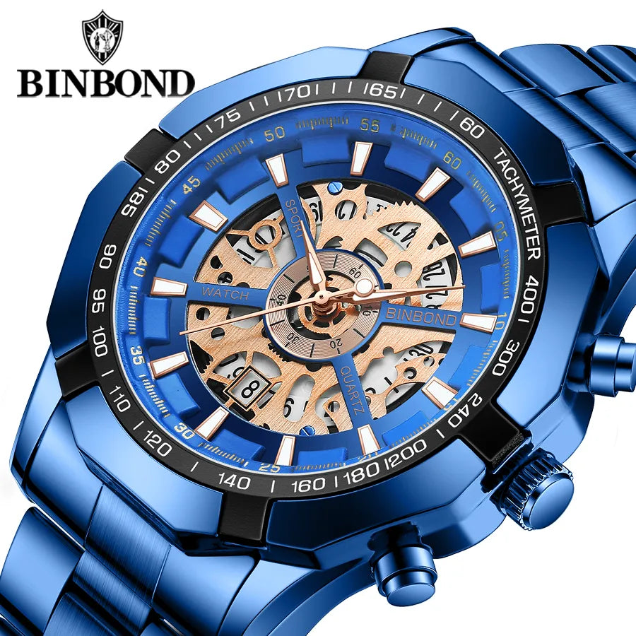 Luxury Blue Dial Stainless Steel Men's Watch with Hollow Design  OurLum.com   