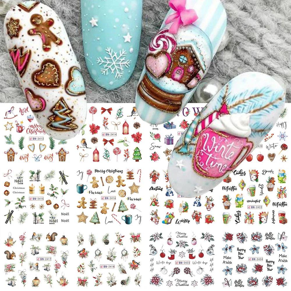 Charming Winter Nail Art Stickers: Festive Greenery, Birds & Hot Cocoa Designs