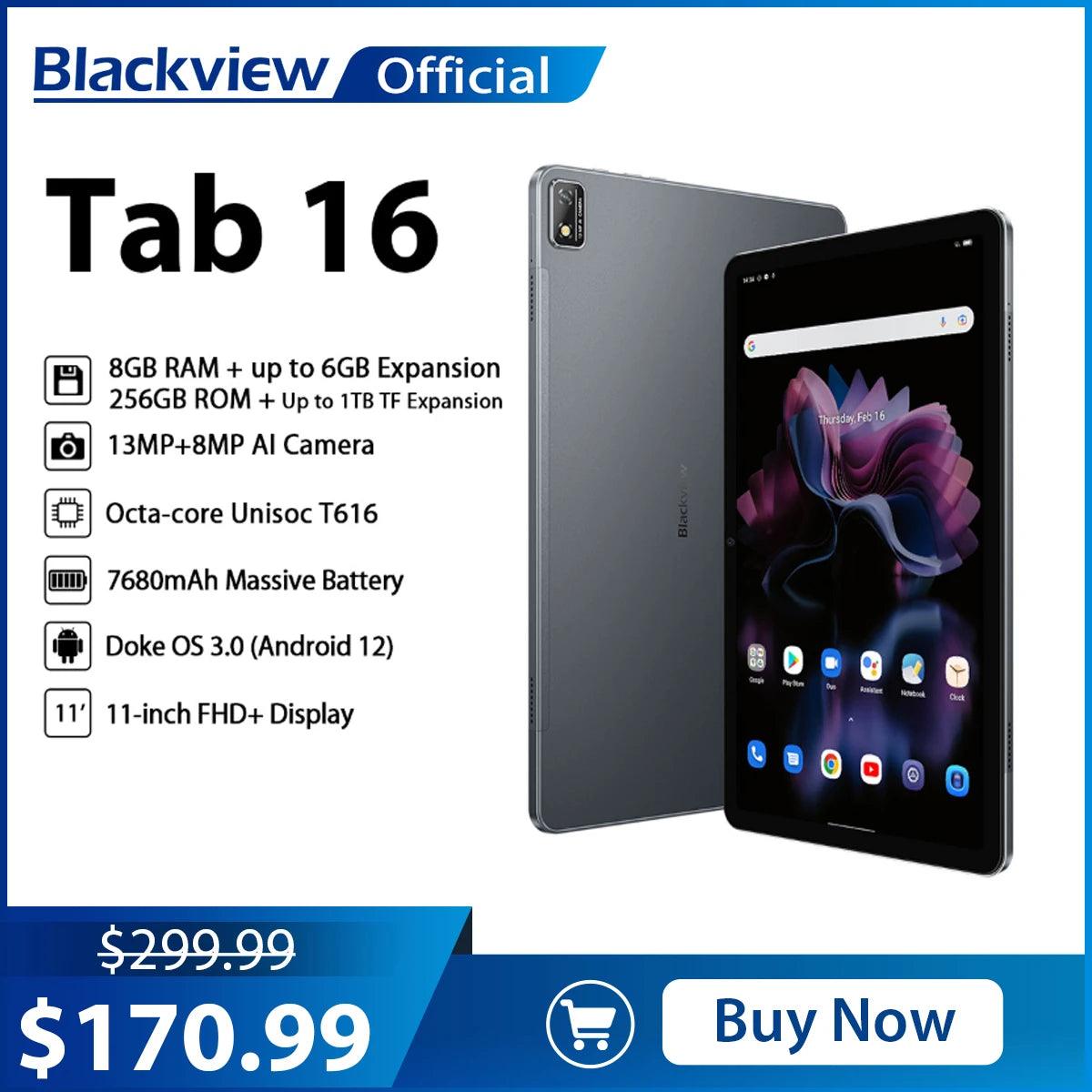 Blackview Tab 16 11'' 2K FHD+ Tablet - Android 12, 8GB RAM, 256GB Storage, Dual 4G, 7680mAh Battery, 13MP Camera