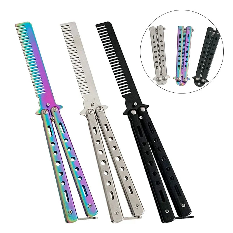 Foldable Comb Stainless Steel Practice Training Butterfly Knife Comb Beard Moustache Brushe Salon Hairdressing Styling Tool  ourlum.com   