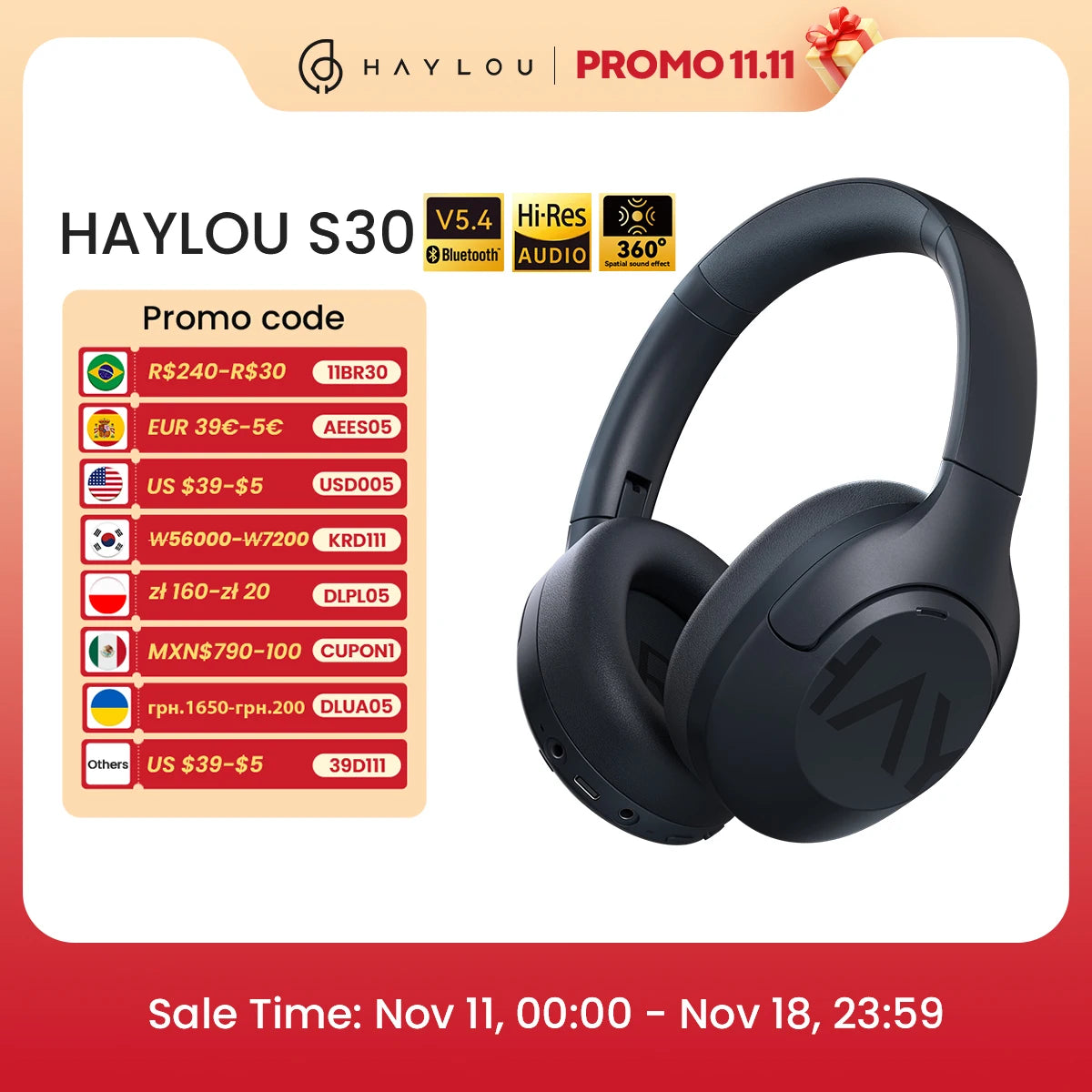 HAYLOU S30 Wireless Bluetooth 5.4 Headphones 43dB Adaptive Noise Cancelling Headsets 40mm Driver 80H Playtime Earphones