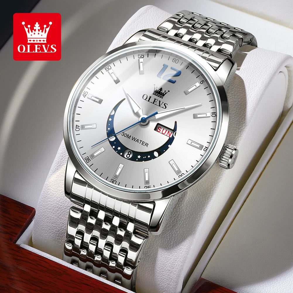 Stylish OLEVS Men's Quartz Watch with Crescent Shaped Dial - Water Resistant Stainless Steel Timepiece  OurLum.com silver white  