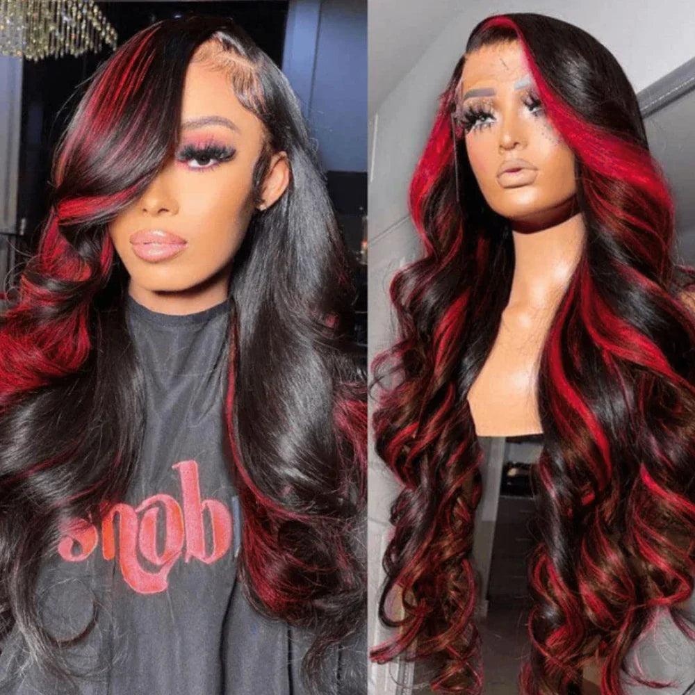 Highlight Green Body Wave Lace Front Human Hair Wigs HD Tranaparent 13x6 Lace Frontal Wig 100% Remy Red Highlight Human Hair Wig  ourlum.com   