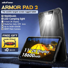 Ulefone Armor Pad 2 Rugged 11" 2K Tablet with 18600mAh Battery, IP68/IP69K, Android 13, NFC, GPS, & 4G Connectivity