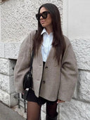 Chic Wool V Neck Coat 2023 Autumn Lady Office Street Outerwear  ourlum.com as pic L 