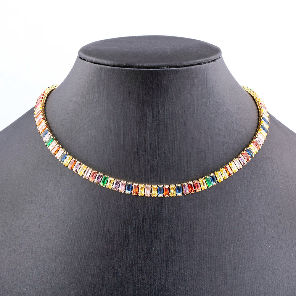 Nidin Classic Colorful Tennis Necklace Men and Women Rectangular Full Zircon Neck Jewelry Adjustable Wedding Party Gift