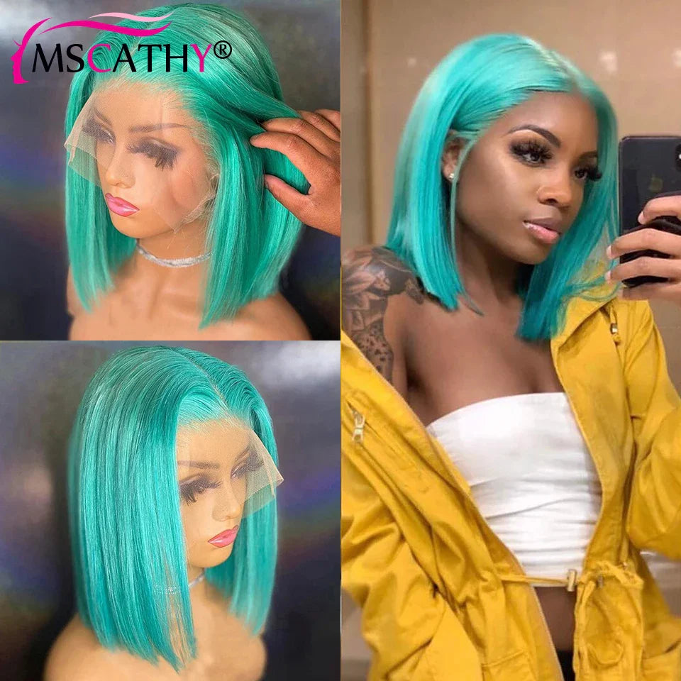 Mint Green Colored Bob Wig 613 Blonde Lace Front Human Hair Wig Straight Short Bob Wigs For Women HD Lace Frontal Wig Preplucked  ourlum.com   