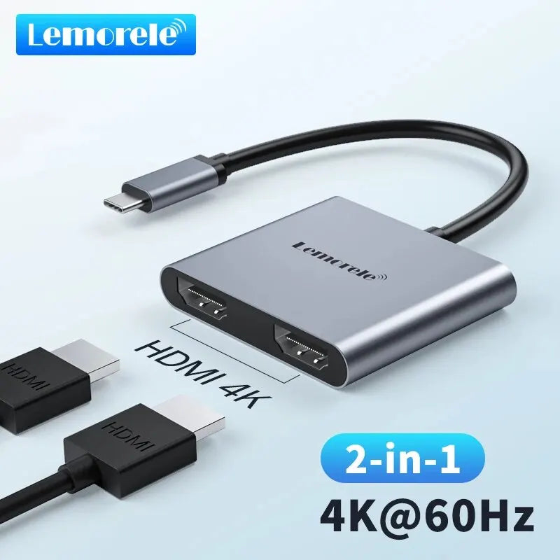 Lemorele 2 Port USB C Hub to Dual HDMI 4K 60HZ Dual Screen Expansion Type C Docking Station For Macbook Laptop Mobile Phone PC  ourlum.com   