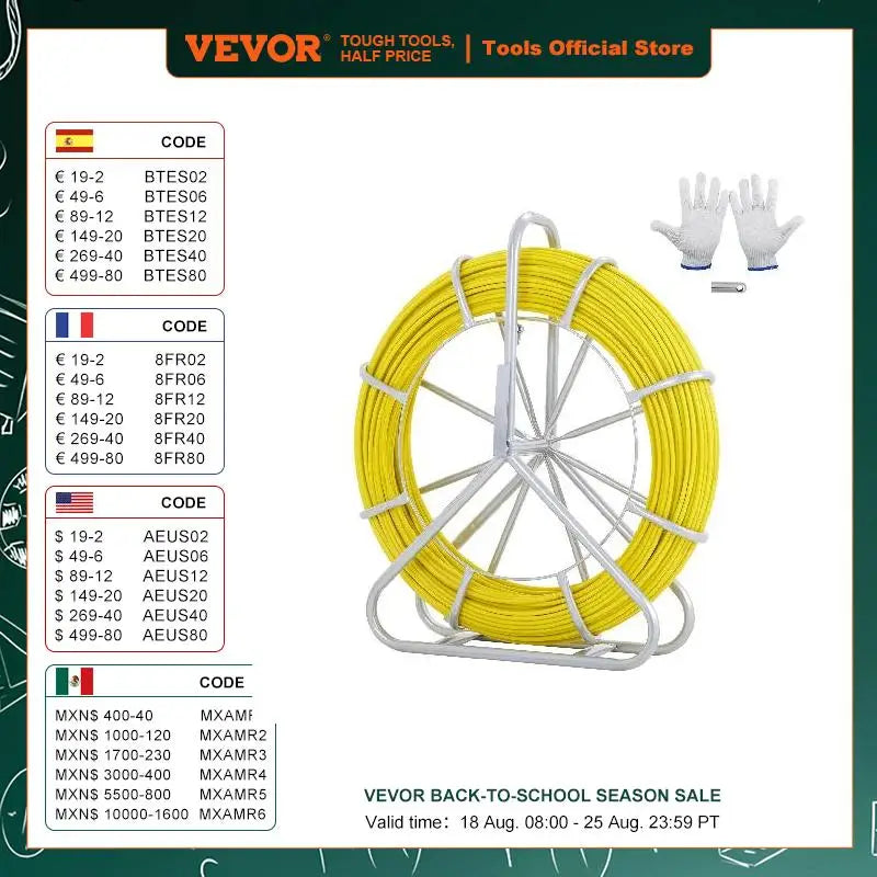 VEVOR Fish Tape Fiberglass 425/492/600/656 ft Duct Rodder Fishtape Wire Puller Fishing Tools for Walls and Electrical Conduit